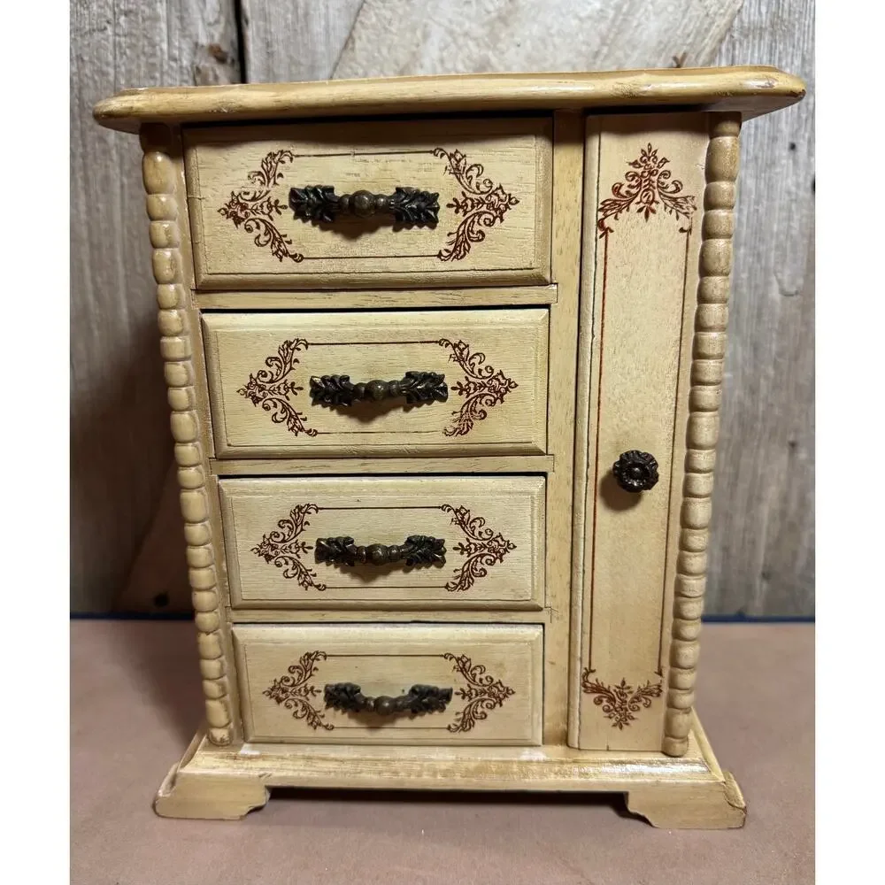Vintage Gold Florentine Musical Jewelry Box Toyo Japan 4 Drawer Side Storage
